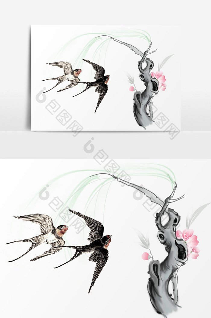 手绘中国风柳树燕子元素