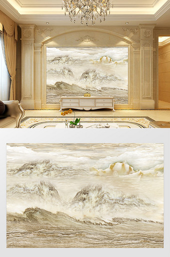 高清3D大理石纹山水花日出背景墙画中风情图片