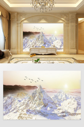 高清3D大理石纹山水花日出背景墙山海峰