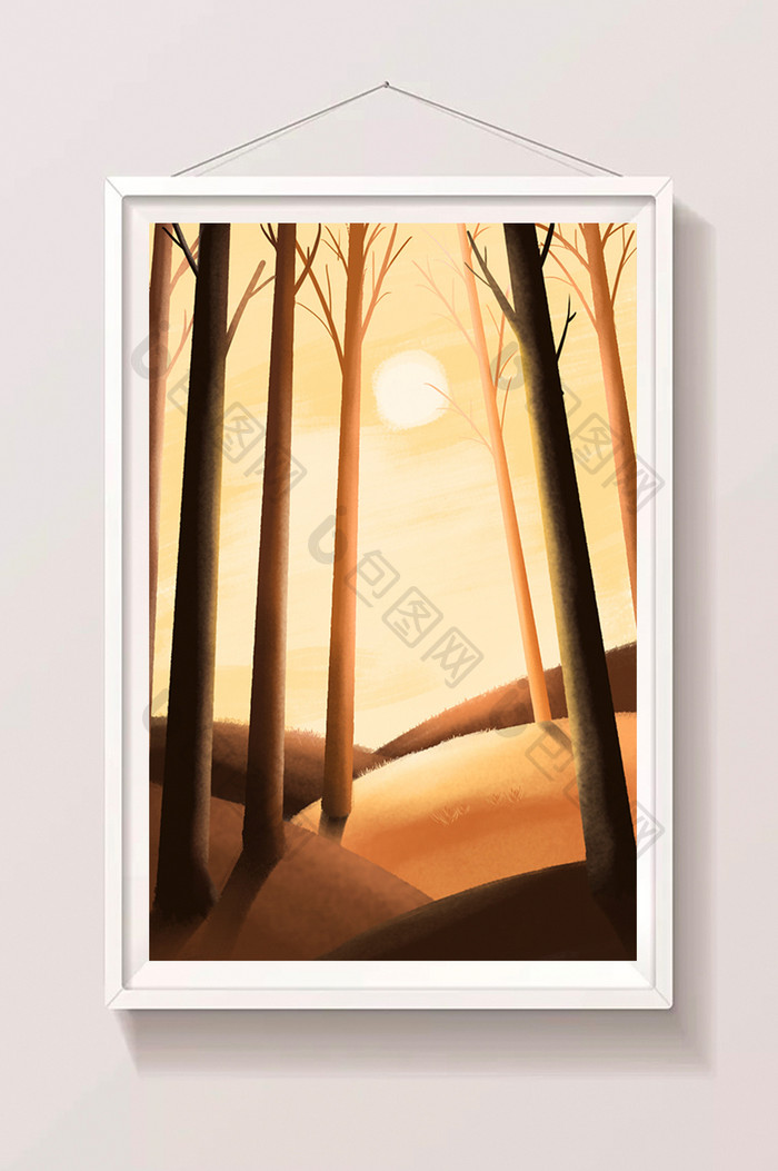 手绘水彩卡通夕阳树林