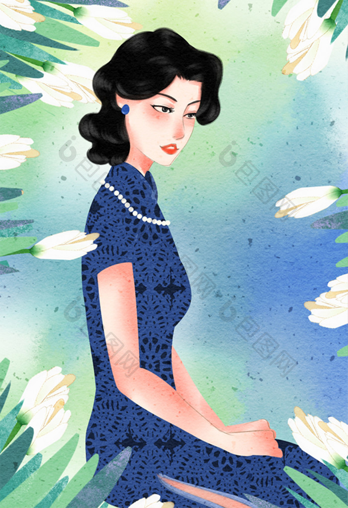 清新唯美中国风民国旗袍女性插画