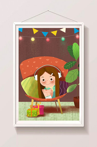 儿童节听音乐的小女孩插画图片