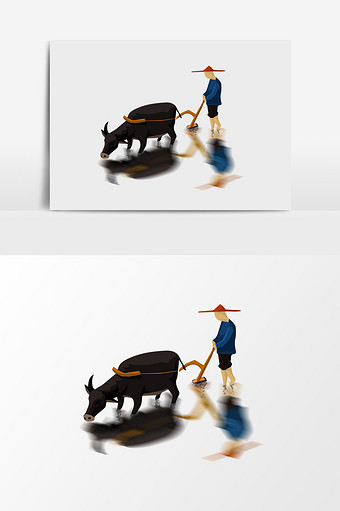 卡通手绘农民老黄牛耕地图片下载