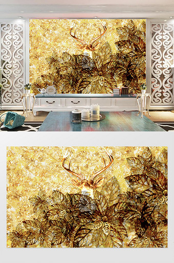 3d金色麋鹿角碎水晶花丛背景墙图片