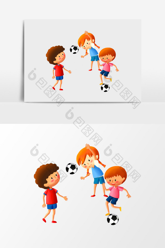 卡通手绘可爱踢足球的小孩