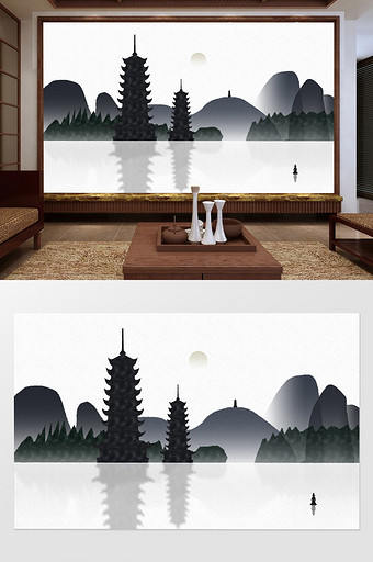 中国风创意简约山水风景画背景墙图片