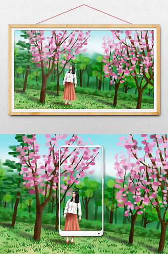 唯美夏季小清新花树丛林漫步水彩原创手绘插图片