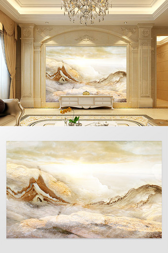 高清3D大理石纹山水花日出背景墙万千山河图片