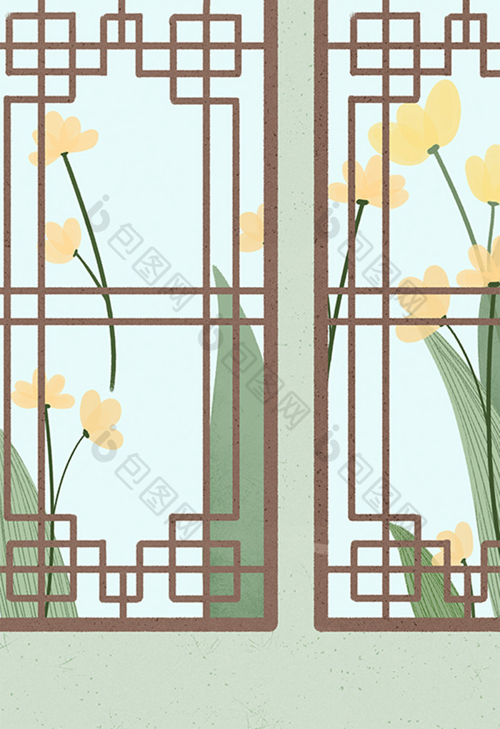 卡通扁平中国风窗户花卉叶子