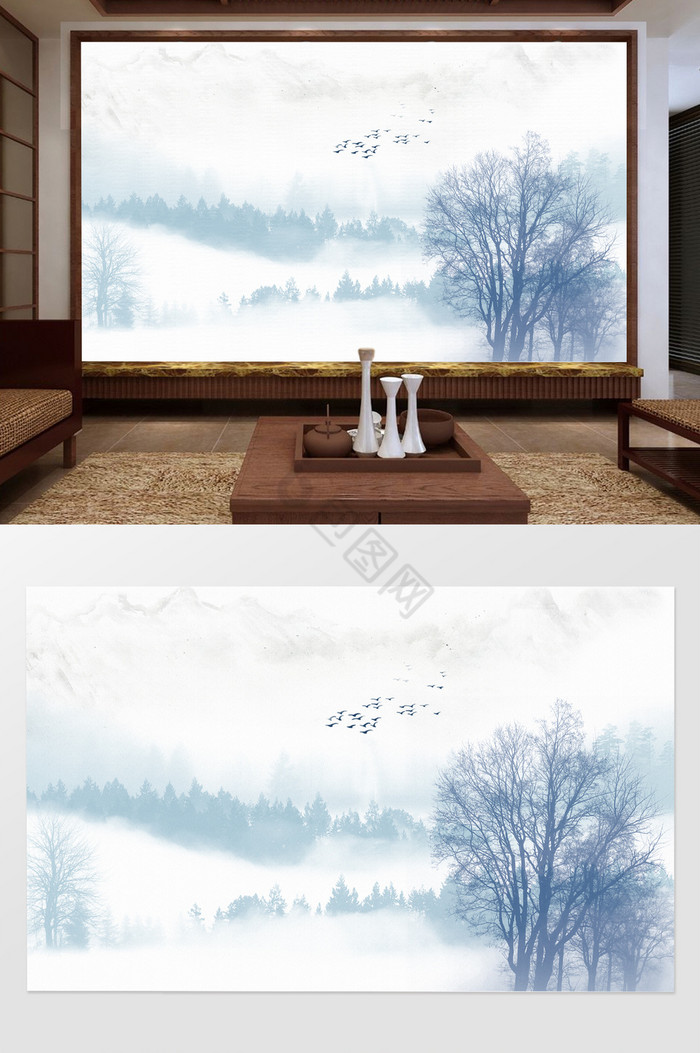 新中式云雾森林树木山水背景墙图片