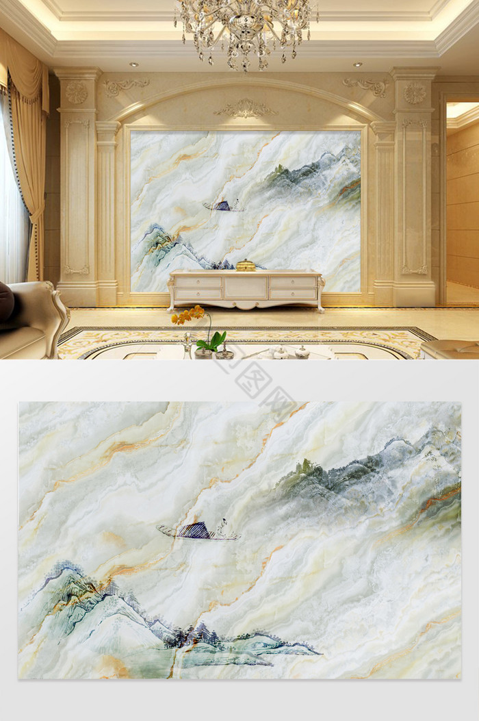 高清3D大理石纹山水客厅沙发电视背景墙图片