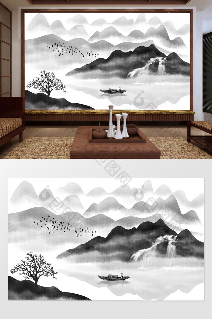 新中式手绘水墨山水背景装饰画