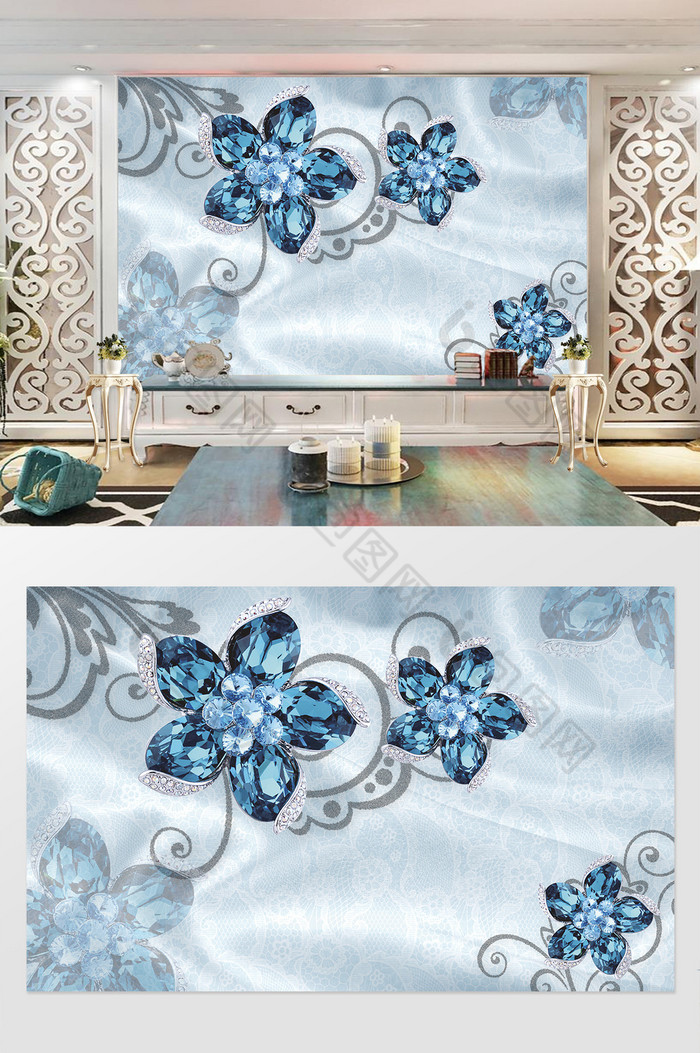 花朵宝石蓝绸缎图片