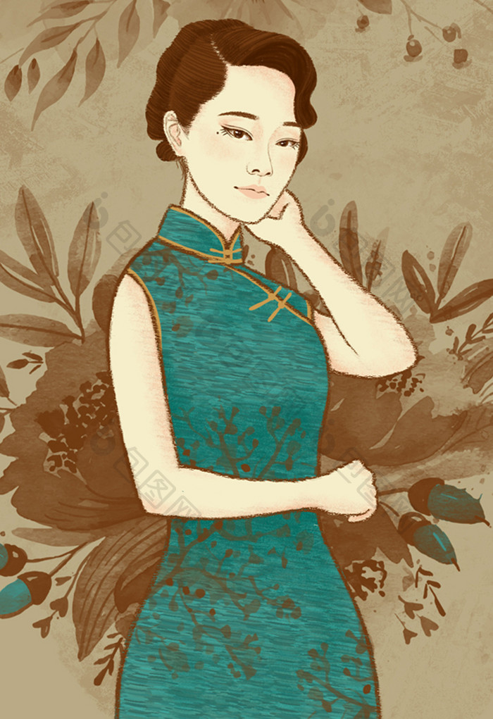 绿色复古旗袍民国女人插画