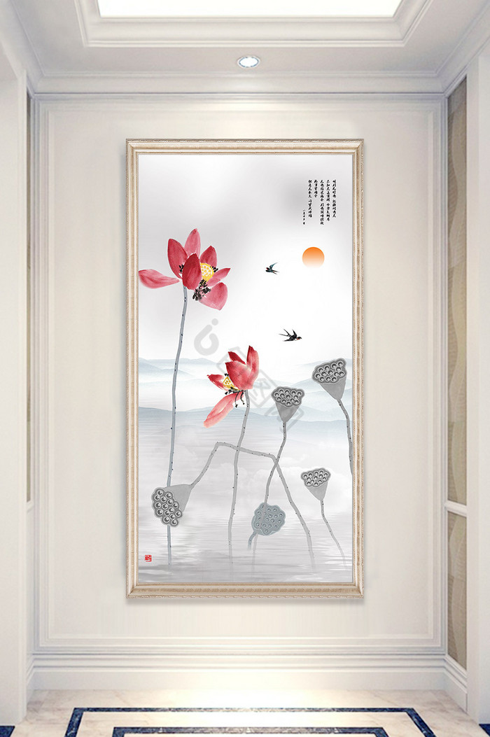 中式荷花莲藕装饰画玄关图片