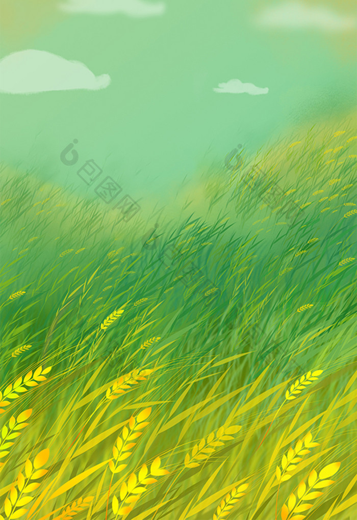 手绘水彩稻谷风景