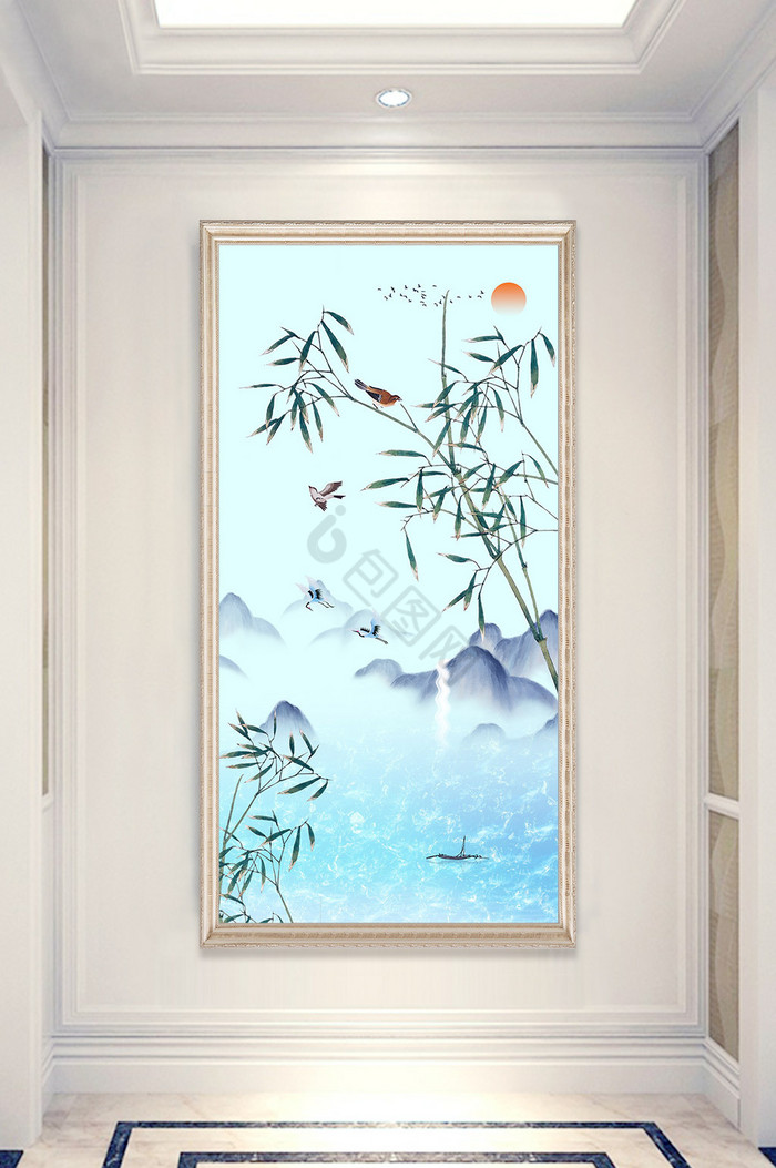 中式山水竹子花鸟装饰画玄关设计图片