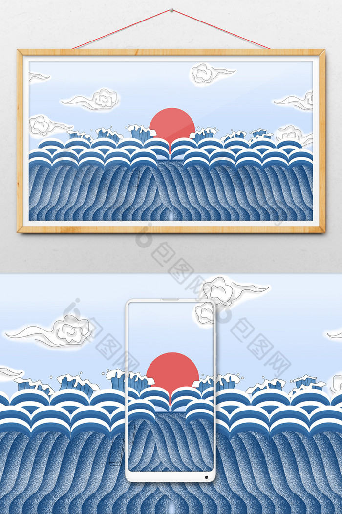 卡通海水中国风海浪背景图片