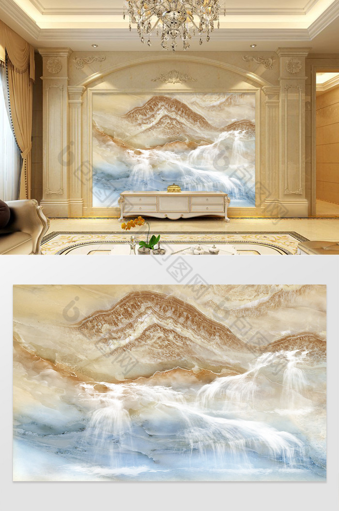 高清3D大理石纹山水花日出背景墙石海流水图片图片