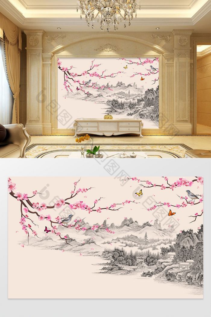 中式水墨山水花鸟图背景墙图片图片