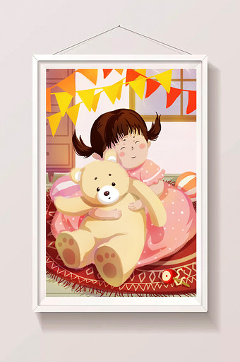 粉色小女孩收到熊公仔礼物插画图片