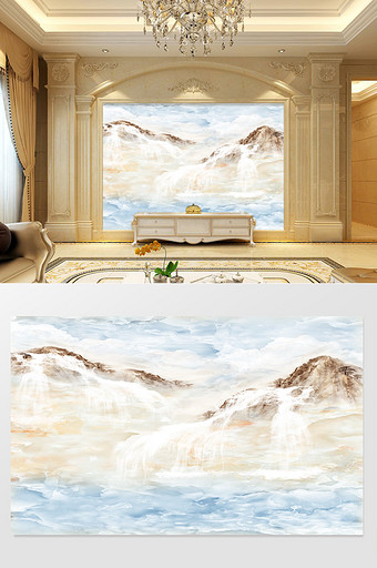 高清3D大理石纹山水花日出背景墙山河旖旎图片