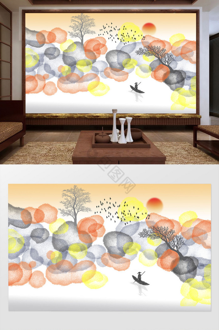 中式抽象山水电视背景壁画图片