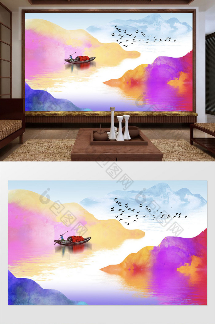 中式彩色山水画背景装饰画