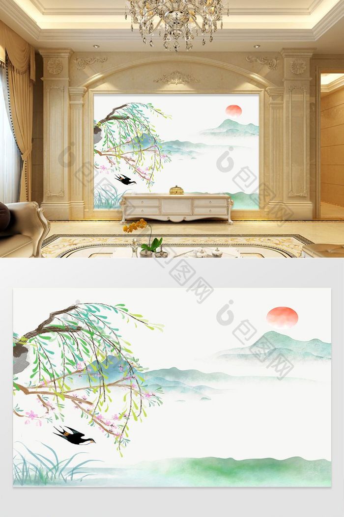 新中式温泉花鸟电视背景墙