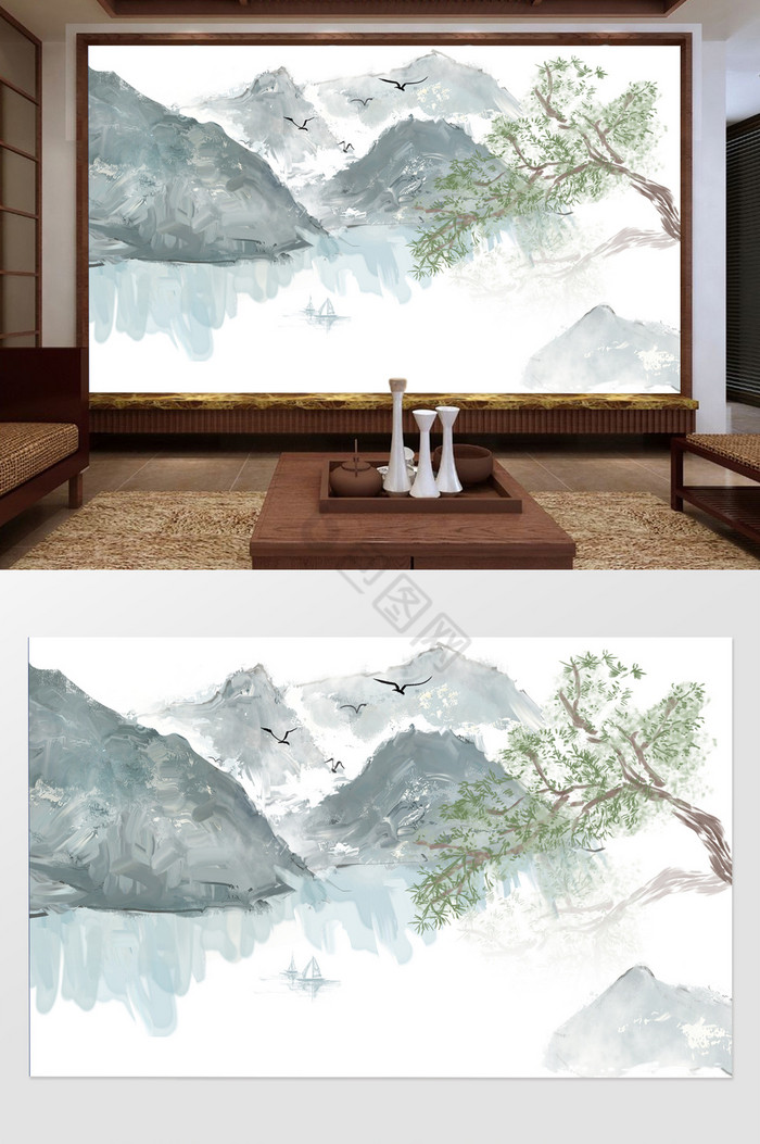 中式抽象水墨山水背景墙图片