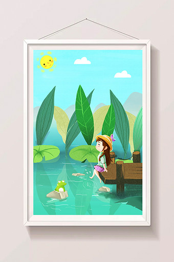 夏日池塘的小女孩插画图片