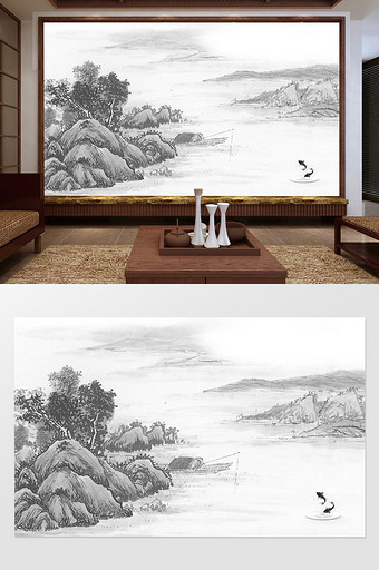中式写意画水墨山水背景墙图片