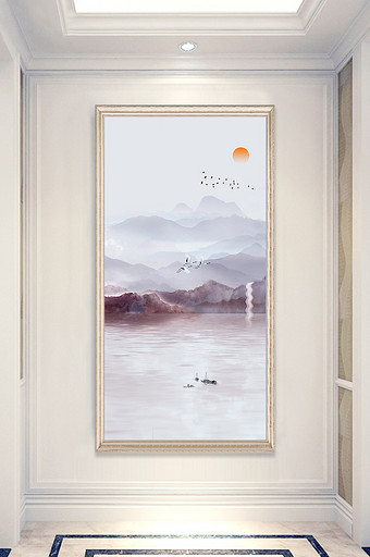 新中式山水画瀑布船舶装饰画玄关图片