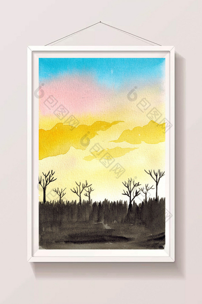 暖色调夏日夕阳水彩手绘树木背景素材