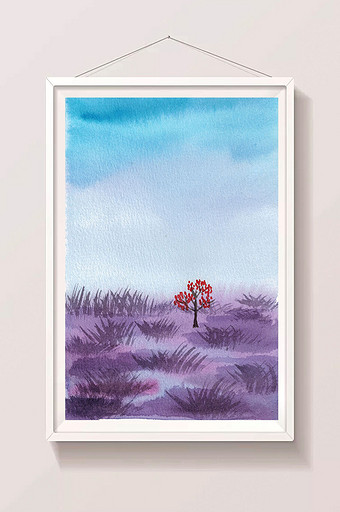 蓝色紫色树木清新山水水彩手绘扁平背景素材图片