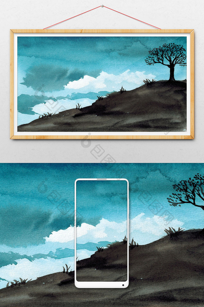 蓝色清新山水水彩手绘远山树木扁平背景素材