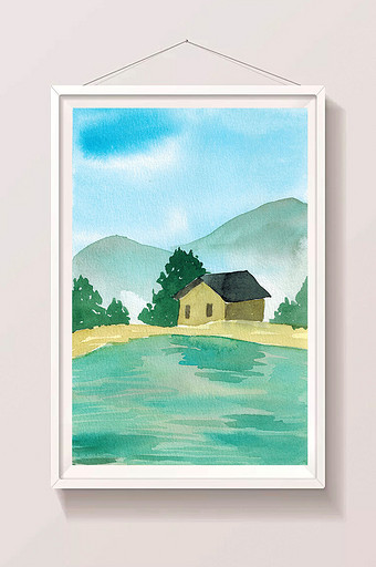蓝色清新山水水彩手绘房屋水面扁平背景素材图片
