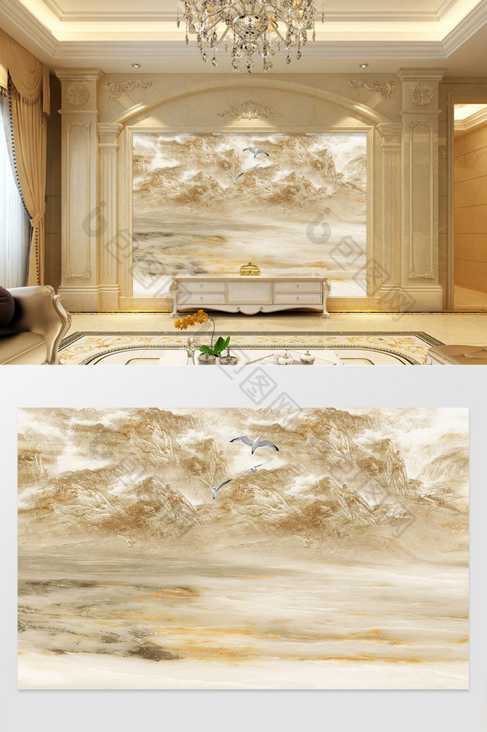 高清3D大理石纹山水花日出背景墙九州四海