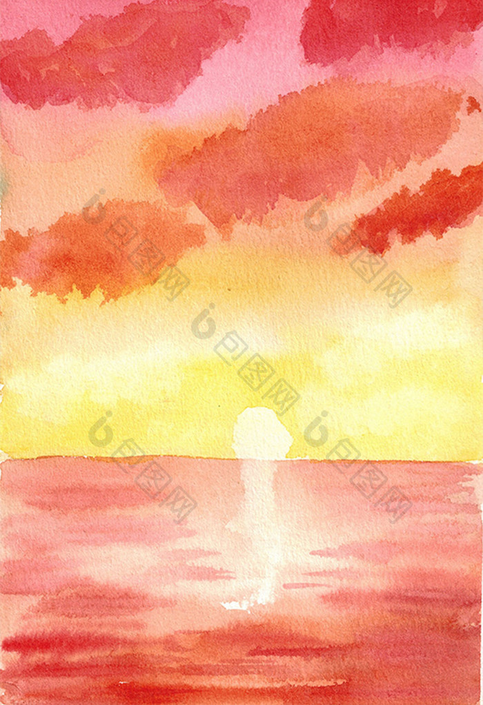 暖色调夏日夕阳日出水彩手绘背景素材