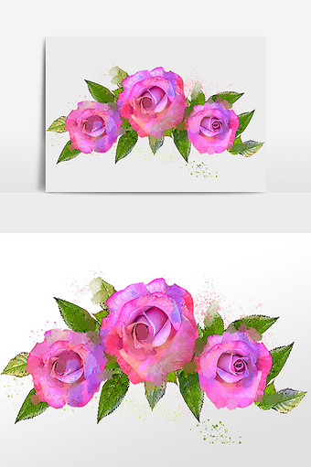 花卉系列三朵粉色玫瑰花水彩手绘插画图片