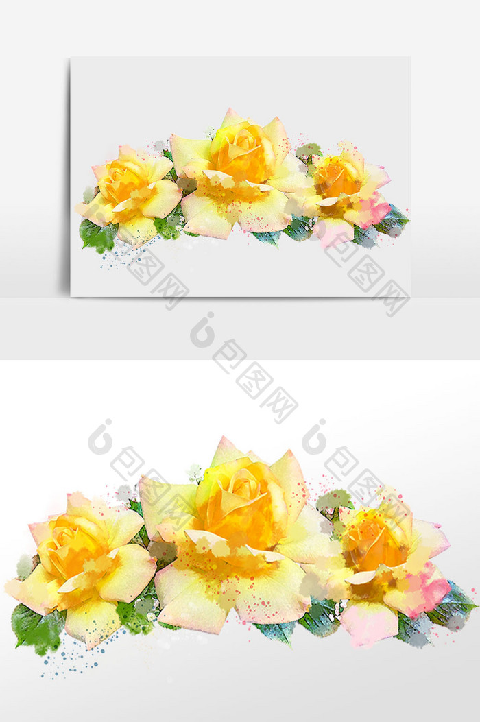 花卉系列三朵黄色玫瑰花水彩手绘插画