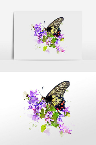 花卉系列紫色小花花丛和蝴蝶水彩手绘插画图片