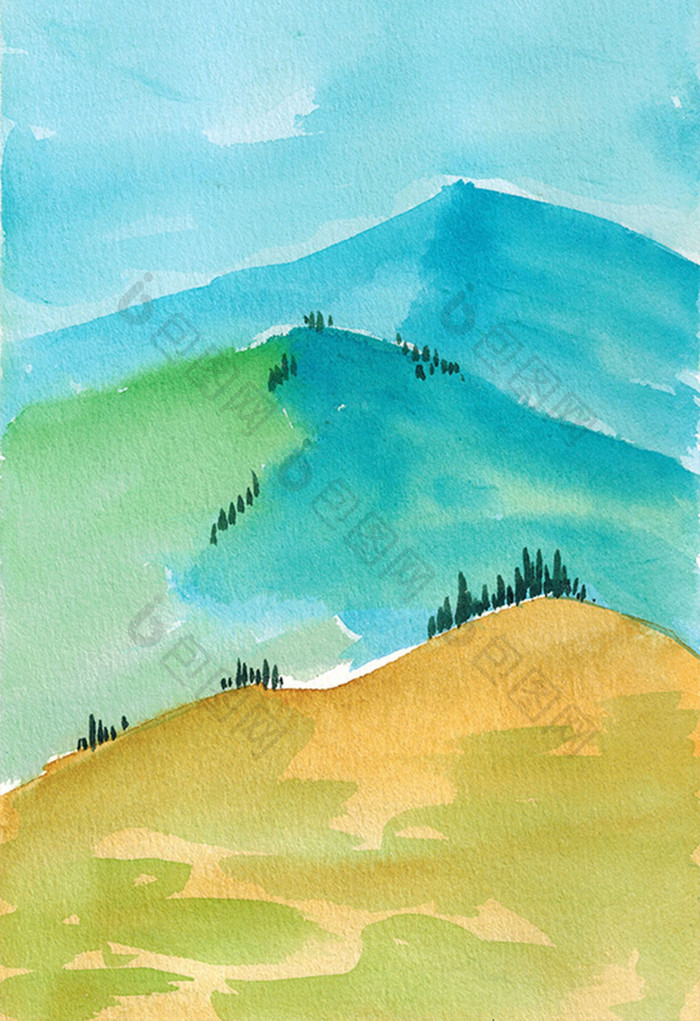 蓝色绿色清新山水水彩手绘扁平背景素材