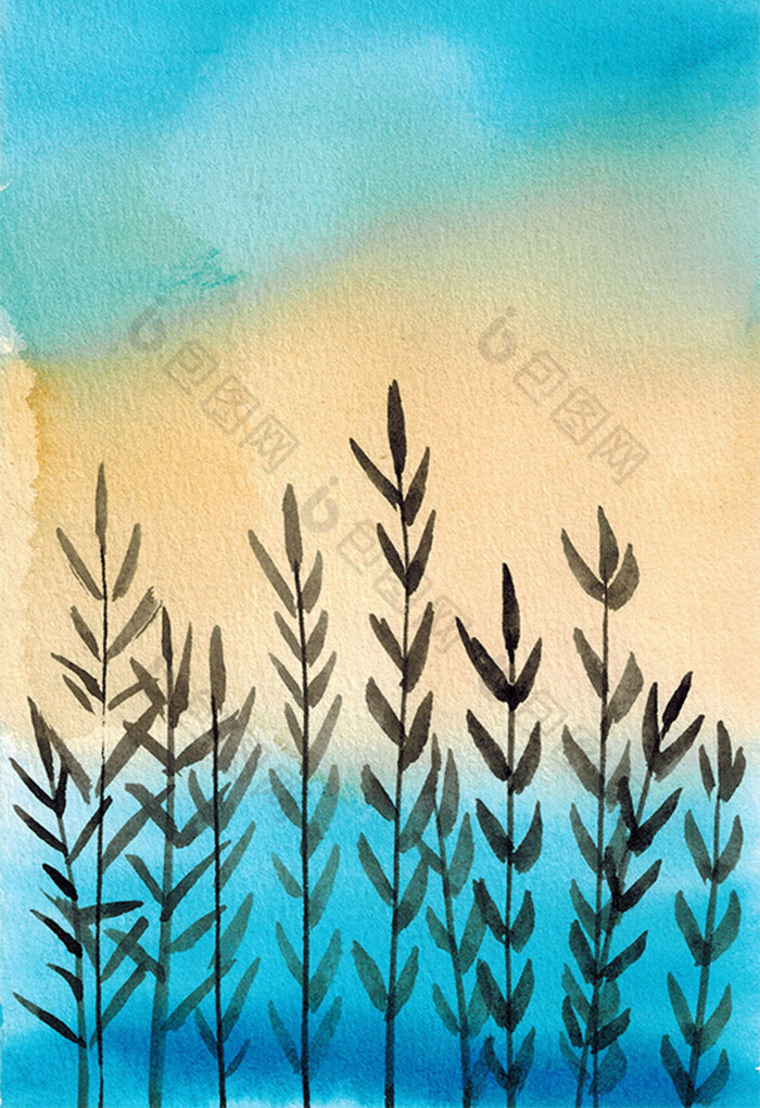 植物蓝天云彩水彩手绘背景素材