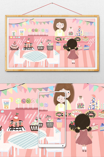 小清新唯美可爱售卖蛋糕甜品店儿童插画图片