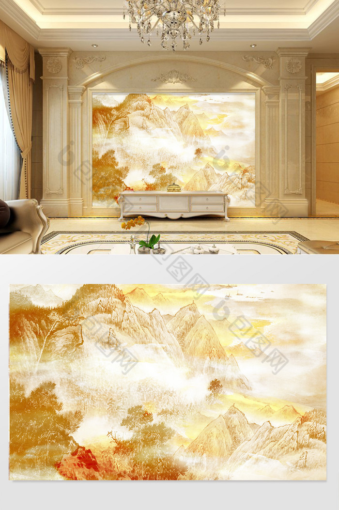 高清3D大理石纹山水花日出背景墙山水穿梭图片图片