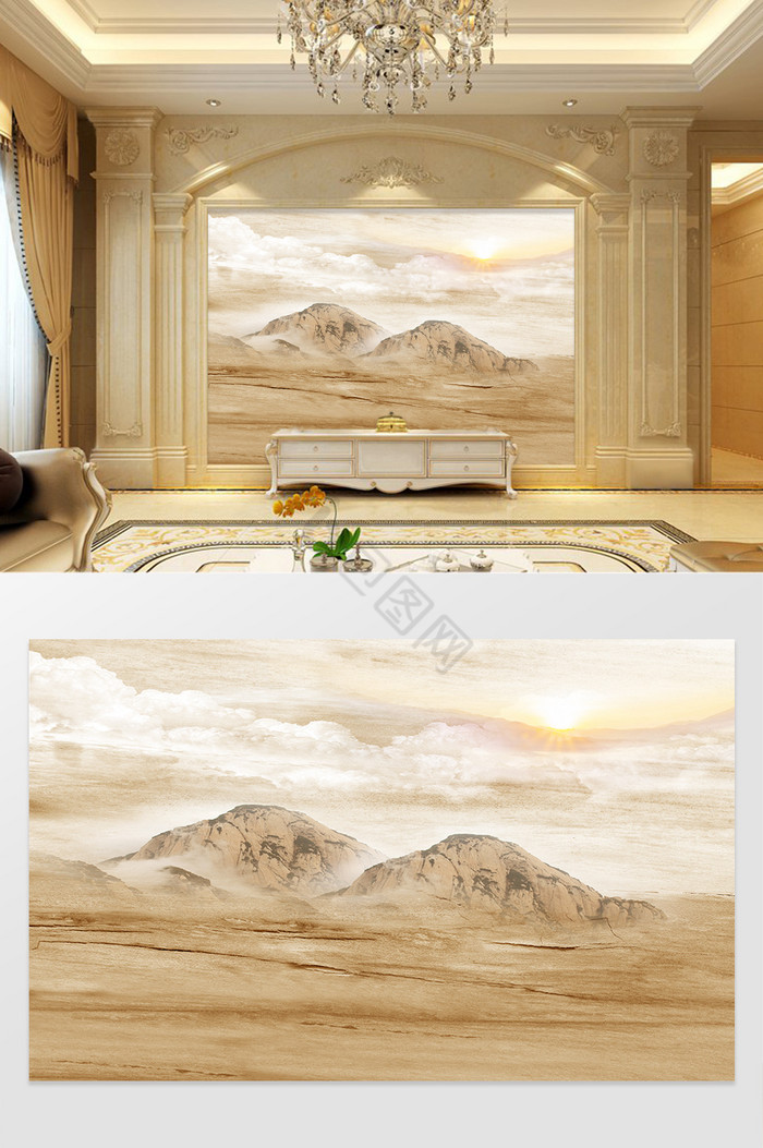 高清3D大理石纹山水花日出背景墙绝美山河图片