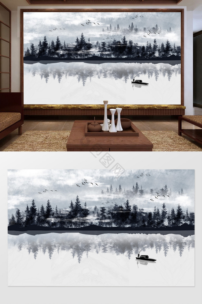 中式手绘山水意境背景墙图片