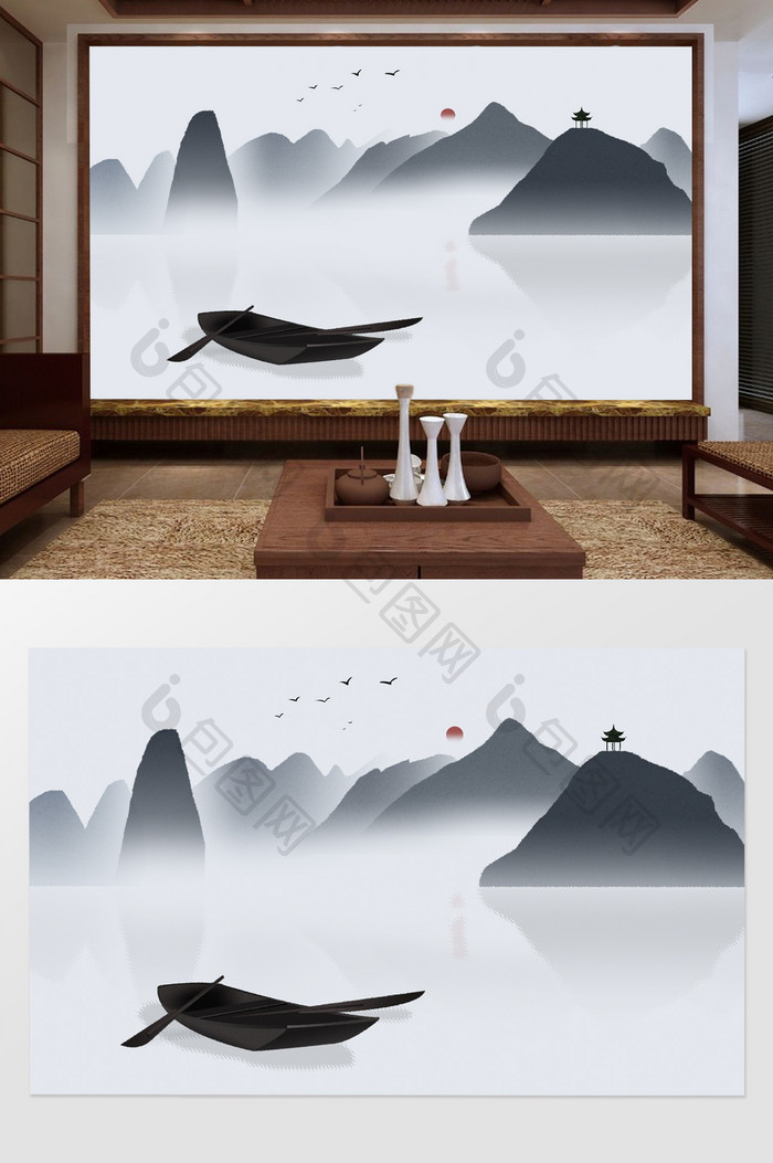中国风船舶写意古风创意电视背景墙