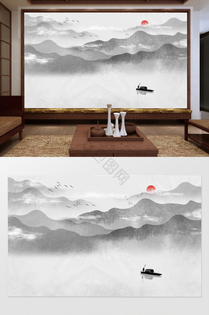 中式手绘水墨意境山水电视背景墙图片